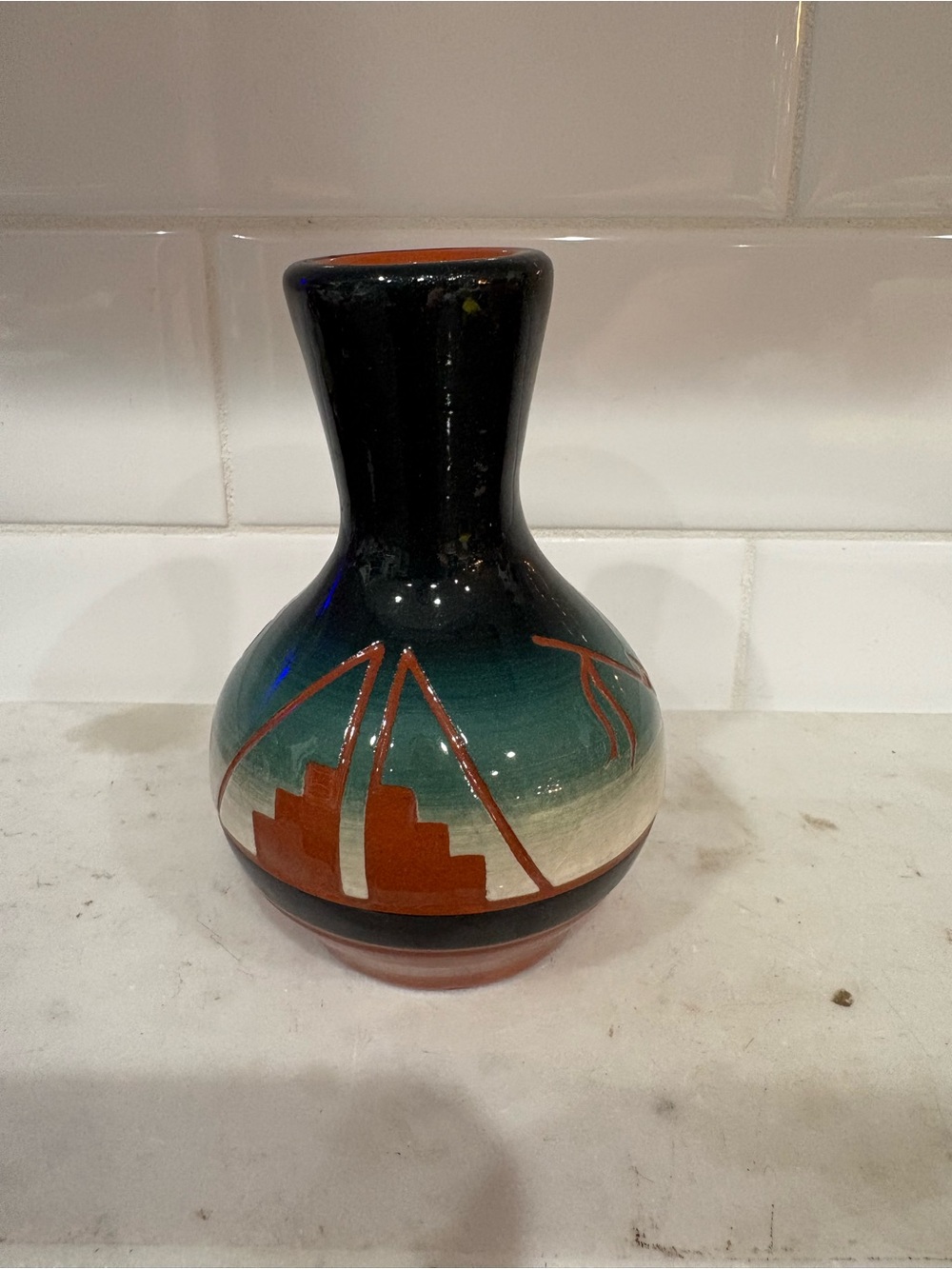 Martin De Cory Sioux Pottery Hand-Painted Ceramic Vase in Teal & Terracotta